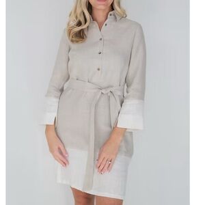Tan and White Linen Shirt Dress